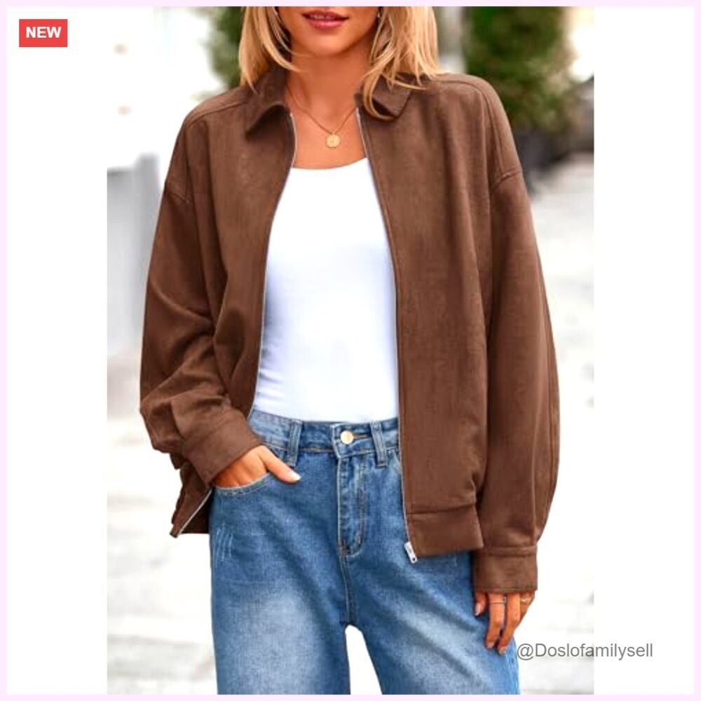 Oversized Faux Suede Bomber Jacket Women's Zip Up Winter Outerwear Coats - Picture 2 of 7